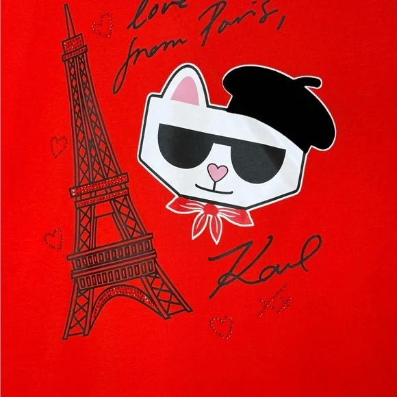 Karl Lagerfeld Red Kids Tee with Eiffel Tower and Cat - Picture 2 of 5